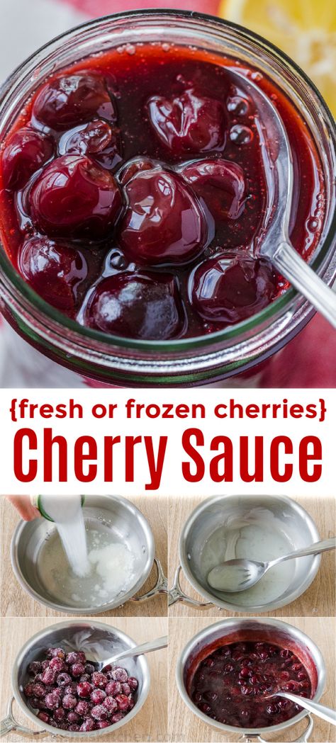 This homemade Cherry Sauce is loaded with sweet juicy cherries. Quick and easy to make, we love serving this cherry topping on Cheesecake, pancakes, waffles, vanilla ice cream, and pound cake. Cherry Sauce tastes like the filling for Cherry Pie. Cherry Topping For Cheesecake, Homemade Cherry Sauce, Cherry Sauce Recipe, Walmart Valentines, Remodel Garage, Cheesecake Pancakes, Cake Cherry, Boys Valentines, Cherry Topping