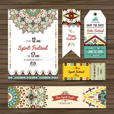 Collection of banners, flyers or invitations with geometric elements. Flyer design in bohemian style royalty free stock photo Geometric Elements, Artwork Creative, Vector Artwork, Styled Stock, Boho Festival, Flyer Design, Invitation Cards, Save The Date, Bohemian Style