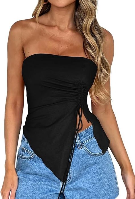 Amazon.com: CSDAJIO Women's Drawstring Ruched Side Asymmetrical Hem Tube Top Strapless Crop Top Going Out Shirt : Sports & Outdoors Top Frunce, Lace Tops For Women, Top Strapless, Going Out Shirts, Strapless Crop Top, Beachwear Fashion, Women Halter, Floral Sleeve, Fashion Top