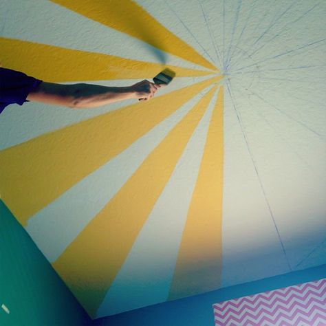 Circus Tent Ceiling, Best Ceiling Paint, Tent Kids Room, Striped Ceiling, Resort Aesthetic, Tent Ceiling, Yellow Kids Rooms, Bright Kids Room, Church Nursery Decor