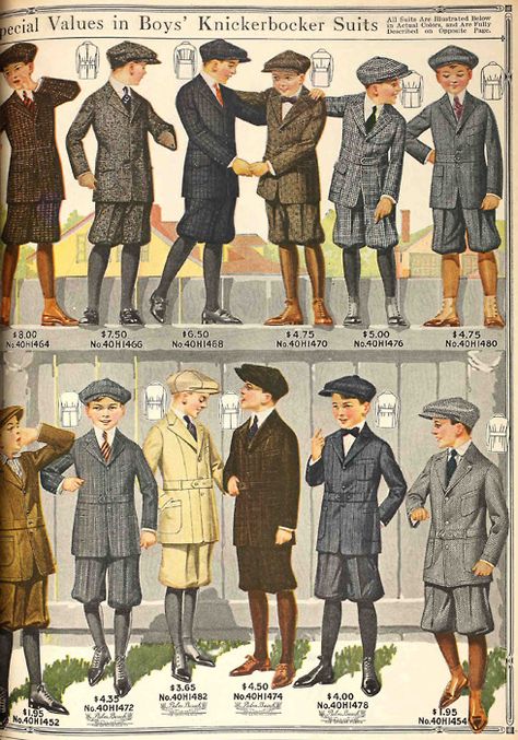 Smart boys’ knickerbocker suits for a variety of budgets. From the Spring 1917 Sears catalog. Fashion 1910, Patron Vintage, 1910s Fashion, Fashion Book, Music Man, Newsies, Old Fashion, Edwardian Fashion, Historical Costume