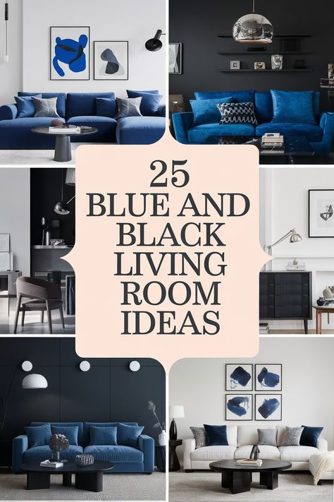 Discover the endless possibilities of blue and black living room decor. This classic pairing exudes elegance and creates a sense of calm and sophistication. From statement sofas and accent chairs to bold artwork and stylish lighting, explore our collection of 25 inspiring ideas for transforming your living room into a space that reflects your unique style. Styling A Blue Couch, Blue And Black Living Room, Dark Accent Wall Living Room, Black Accent Wall Living Room, Light Blue Couches, Black Hardwood Floors, Black Living Room Ideas, Navy Blue Couches, Dark Blue Rooms