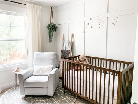 Boy nursery, girl nursery, gender neutral, crib, baby recliner rocker glider, board and batten, Gray, grey, Brown wood crib, blanket ladder, minimalist mobile, nursery mobile, nursery plant Brown Crib Nursery, Baby Recliner, Nursery Dark Furniture, Modern Gender Neutral Nursery, Gender Neutral Crib, Brown Crib, Cream Nursery, Rocker Glider, Metal Crib