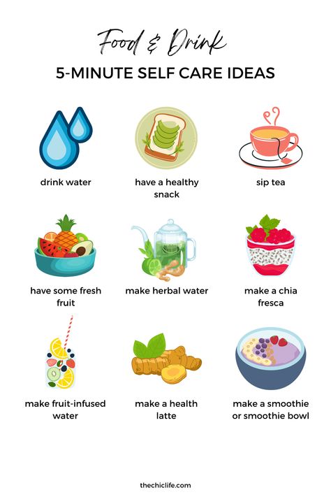 Enjoy food and/or drink for your self care. Click for 101 easy 5 minute self care ideas you can do to feel better fast. Whether you want to improve your health and wellness, manage stress, or simply enjoy a more positive and high vibe life, these simple 5-minute self care ideas are a great idea. Try these self care tips for your holistic health and overall happiness. #selfcare #wellness #highvibe 5 Minute Self Care, 15 Minute Self Care Ideas, Self Care Evening Ideas, Summer Health Tips, How To Feel Clean, Health Ideas, Self Care Relaxation Ideas, Wellness Ideas, Daily Self Care Habits