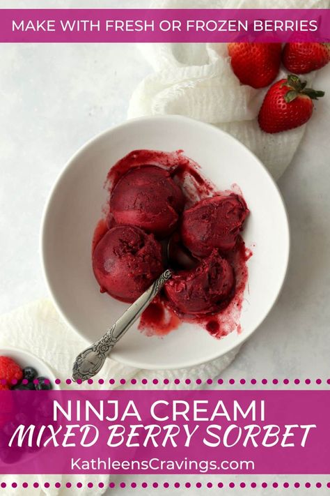 This Ninja Creami Mixed Berry Sorbet recipe is made using only a mix of fresh (or frozen) berries - I used raspberries, blueberries, and strawberries! It has a creamy texture, fresh flavor, and beautiful bright color! Berry Sorbet Recipe, Mixed Berry Sorbet, Blueberries And Strawberries, Sorbet Recipe, Fruit Sorbet, Berry Sorbet, Strawberry Sorbet, Ninja Recipes, Frozen Berries