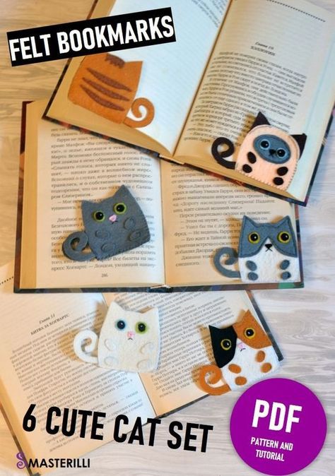 Cat Bookmarks Diy, Sew Bookmarks, Cat Corner, Penanda Buku, Felt Bookmark, Corner Bookmarks, Felt Embroidery, Felt Patterns, Small Sewing Projects