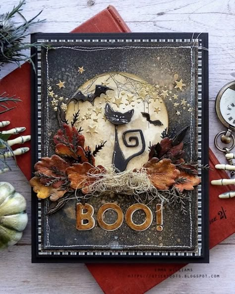 Simon Says: Spritz and Splatter | Fall Pumpkin Cards Handmade, Witch Cards Handmade, Halloween Birthday Cards Handmade, Halloween Diy Cards, Halloween Handmade Cards, Fall Wallpaper Home, Tim Holtz Halloween Cards, Homemade Halloween Cards, Halloween Cards To Make