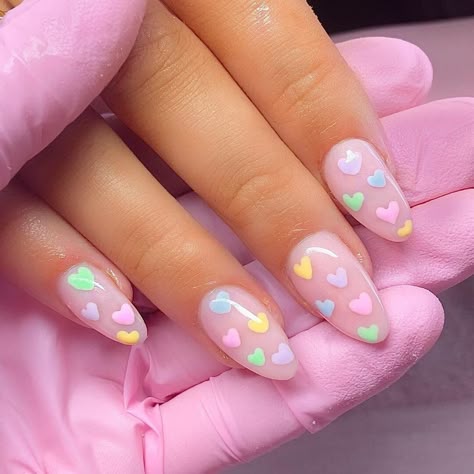 Pastel Heart Nail Designs, Gel Nail Designs Clear, Valentines Day Nails Pastel, Sweet Tart Nails, Colorful Heart Nails, Sweetheart Candy Nails, Squishmallow Nails, Pastel Nails Glitter, Twice Nails Kpop