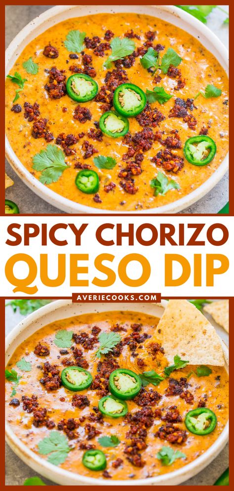 Spicy Chorizo Queso — No processed cheese in this EASY queso dip that's ready in 20 minutes!! Wonderfully spicy thanks to the chorizo! Great appetizer for holiday entertaining, parties, and game days!! Chorizo Cheese Dip, Chorizo Queso Dip, Queso Dip Crockpot, Spicy Queso Dip, Chorizo Dip, Chorizo Queso, Spicy Queso, Best Dip Recipes, Queso Dip Recipes