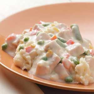 Creamed Turkey on Mashed Potatoes Turkey Over Mashed Potatoes, Creamed Turkey Recipe, Creamed Turkey, Over Mashed Potatoes, White Sauce Recipes, Mashed Potatoes Recipe, Quick Dishes, Comfort Dishes, Leftover Turkey