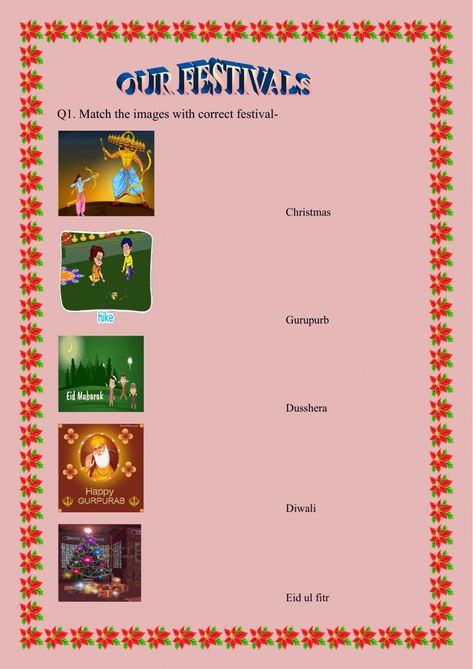 Our Festivals Worksheet, Festival Worksheets For Grade 1, Indian Festivals Chart, Festivals Of India Worksheet, Festival Activities For Kids, Evs Worksheet, Festival Names, Worksheet For Class 2, Poetry Worksheets