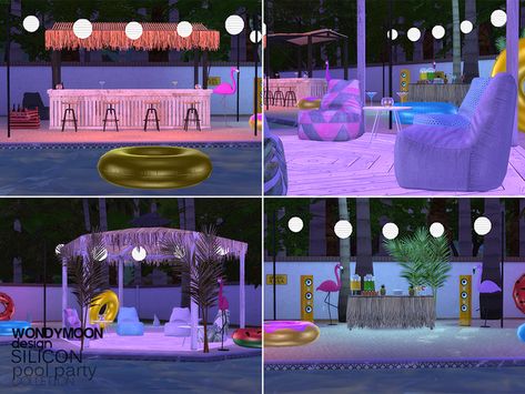 sims 4 cc // custom content decor clutter // the sims resource // wondymoon's - Silicon Pool Party - Part II Adult Pool Party Decorations, Pool Party Adults, Lotes The Sims 4, Pool Party Decorations, Sims 4 Cc Skin, Sims 4 Teen, Food Party, Luau Birthday, Sims4 Clothes