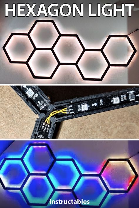 Quizcen shares how to make an LED hexagon light controlled by WLED and WS2811B diodes. #Instructables #electronics #technology #lighting #LED Wall Led Design, Led Diode Projects, Diy Led Lamp Ideas, Led Diy Projects, Led Strip Lights In Bedroom, Led Projects Diy, Led Board Design, Rgb Lighting Ideas, Led Hexagon Light