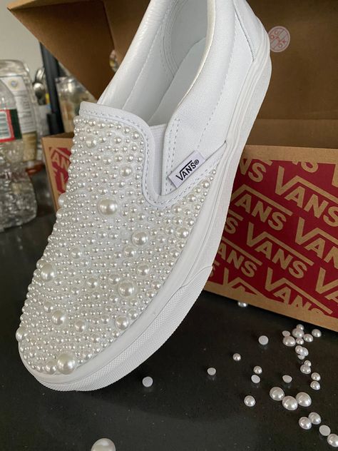 Pearl Vans Wedding, Diy Pearl Shoes, Pearl Vans, Wedding Vans Shoes, Wedding Reception Shoes, Wedding Vans, 2023 Wardrobe, White Slip On Vans, Reception Shoes