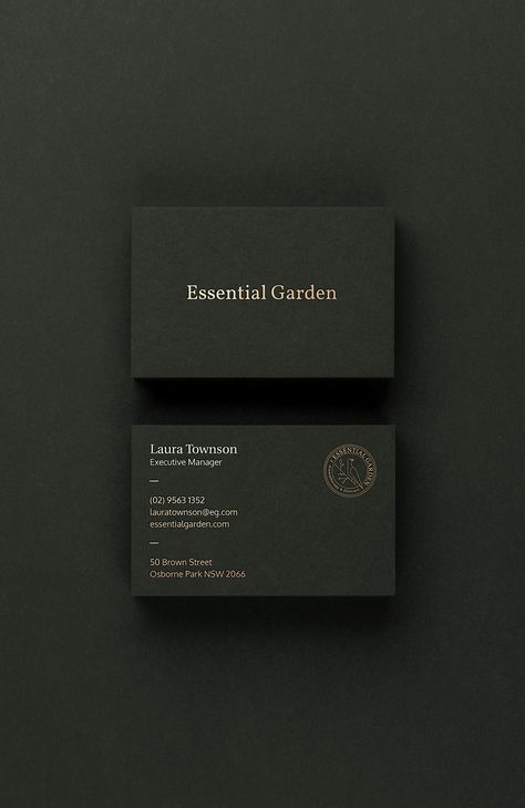 Brand identity for Skincare brand  #MinimalBusinessCard  #BusinessCardDesign  #NameCardDesign  #BusinessCards  #VisitingCardDesign  #ProfessionalBusinessCards  #ModernBusinessCards  #BusinessCardInspiration  #VisitingCards  #CardDesign  #CorporateBusinessCard  #BuisnessCards Classy Business Cards Design, Masculine Business Cards, Garden Branding, Sophisticated Business Card, Black Business Cards, Classic Business Card, Photographer Packaging, Garden Business, Elegant Business Cards Design