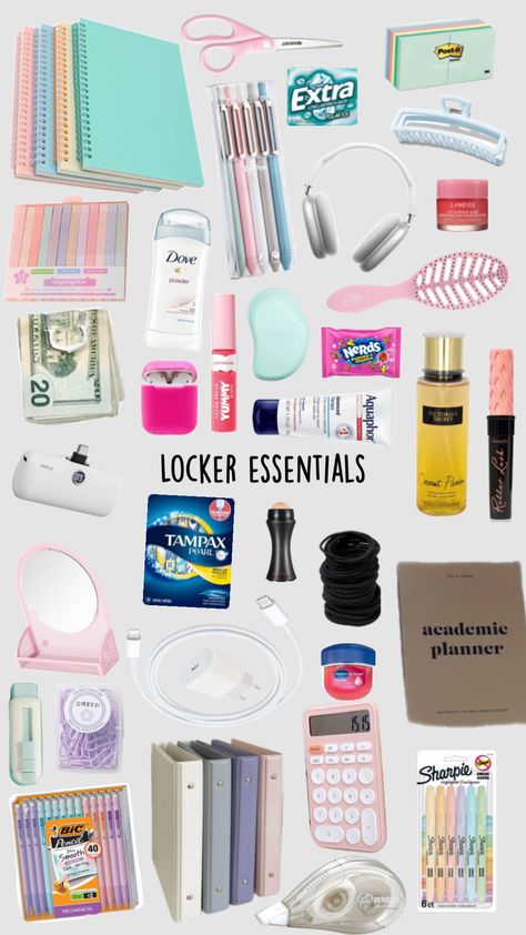 Back to school locker essentials School Locker Essentials, Locker Essentials, Bic Pencils, Tampax Pearl, Middle School Essentials, School Emergency Kit, School Backpack Essentials, Preppy School Supplies, School Routine For Teens