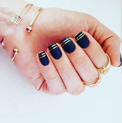 Navy Nail Polish Ideas, Matte Navy Nails With Gold, Dark Navy Nails Design, Navy Nails With Gold, Navy Gold Nails, Navy Blue Nails With Gold, Navy And Gold Nails, Mod Nails, Vacay Hair