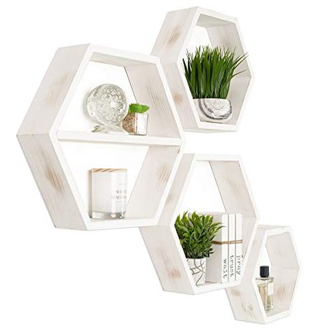 Hexagon Floating Shelves, Shelves Dimensions, Hexagon Shelf, White Wall Shelves, Wood Floating Shelf, Holiday Kitchen Decor, Wood Hexagon, Honeycomb Shelves, Geometric Shelves