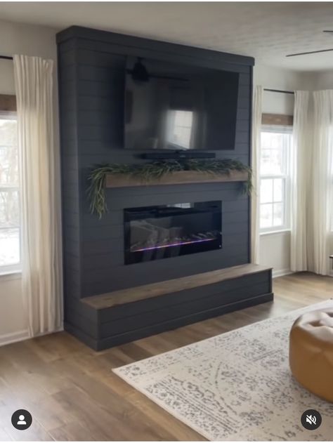 Shiplap Fireplace Grey, Black Brick Electric Fireplace, Accent Walls In Living Room With Electric Fireplace, 8ft Fireplace Wall, Fireplace Mantle Hide Electronics, Fireplace Tv Wall Playstation, Barnboard Fireplace Wall, Bedroom Fireplace Wall With Tv, Electric Fireplace Between Two Windows