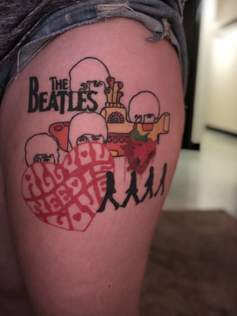 Yellow Submarine Tattoo Beatles, All You Need Is Love Tattoo Beatles, Abbey Road Tattoo, Beatles Tattoo Minimalist, Yellow Submarine Tattoo, John Lennon Tattoo, Ns Tattoo, Beatles Inspired Tattoos, Beatles Tattoo