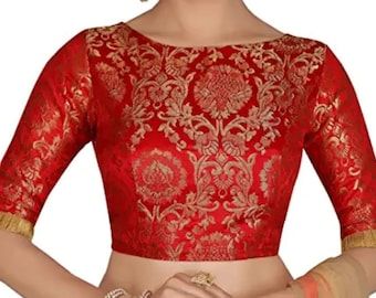 Buy Red Boat Neck Brocade Banarsi Blouse Indian Blouse Designer Online in India - Etsy Red Brocade Blouse Designs, Elbow Sleeves Design For Blouse, Red Brocade Blouse, Banarsi Blouse, Boat Neck Saree Blouse, Print Blouse Design, Red Blouse Design, Brocade Blouse Designs, Princess Cut Blouse