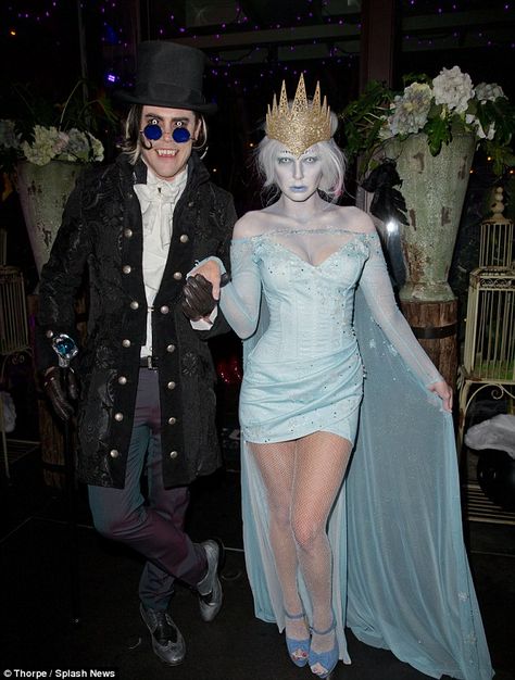 Going all out: Tom Sandoval and girlfriend Ariana Madix came as a very convincing vampire and ice queen Ice King And Queen Costume, Ice Inspired Outfit, Ice Queen Costume Halloween, Ice Party Theme Outfit, Ice Themed Outfit, Ice King Costume, Ice Queen Halloween Costume, Ice Queen Outfit, White Walker Costume