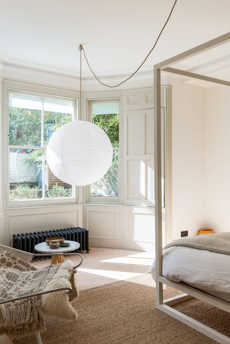 Steal This Look: A Modern Victorian Bedroom in London - Remodelista Hay Rice Paper Shade 80 Cm, Modern Victorian Bedroom, Bedroom Wishlist, Rice Paper Shade, Minimalistic Bedroom, Big Dining Table, Stoke Newington, Victorian Bedroom, Apt Ideas