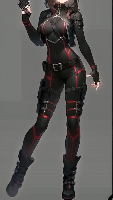 Female Hero Outfit Design, Anime Spy Outfit, Red Assassin Outfit, Anime Female Fighter Outfit, Spy Suit Female, Vigilante Costume Design, Vigilante Outfit Female, Cute Hero Outfits, Anime Hero Costume Design