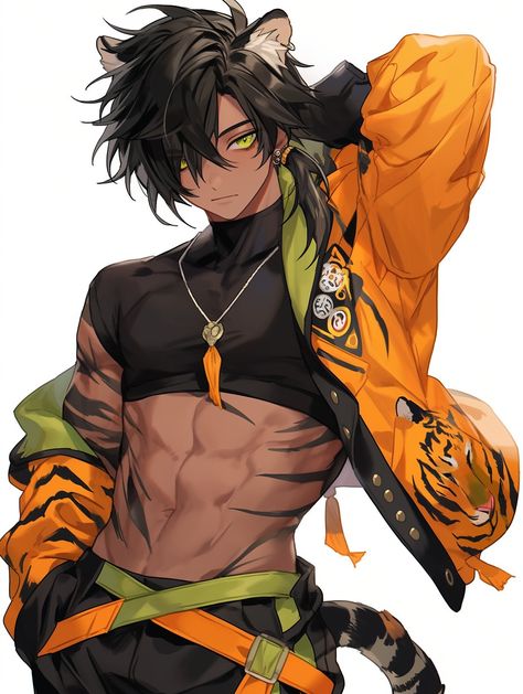 Anime Tiger Man, Lion Oc Human, Tan Anime Guy, Tiger Oc Human, Tiger Hybrid Human, Tiger Character Design Human, Dragonoid Human Male, Hot Male Oc, Feline Humanoid