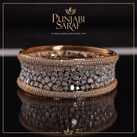 Crafted with delicacy and precision, this stunning bracelet by Punjabi Saraf will stand out every time. #PunjabiSaraf #Diamonds #Jewellery #DiamondBracelet #ClassicJewellery #Indore Wedding Bangles, Diamond Bangles, Diamond Bracelet Design, Wedding Jewellery Collection, Gold Ring Designs, Bangles Jewelry Designs, Diamond Jewelry Designs, Gold Bangles Design, Jewelry Design Necklace