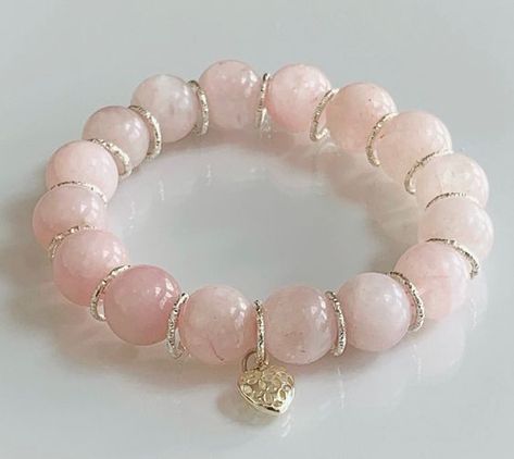 "💎 Rose Quartz Bracelet, Natural Rose Quartz. Stretch Bracelet, Love Bracelet, Rose Quartz Jewelry. Natural rose quartz stretch bracelet with silver spacers and 925 sterling silver heart shaped charm. Made with high-quality elastic stretch cord for easy on and off. Please read wrist measuring instructions below before placing order. WRIST MEASUREMENT How To Select The Right Size Bracelet: Wrap a flexible measuring tape around the smallest part of your wrist then add half an inch. I Stretch Beaded Bracelets Diy, Rose Quartz Bracelet Beads, Rose Quartz Healing, Rose Quartz Jewelry, Rose Quartz Bracelet, Beads Bracelet Design, Silver Jewelry Design, Rose Quartz Beads, Quartz Jewelry