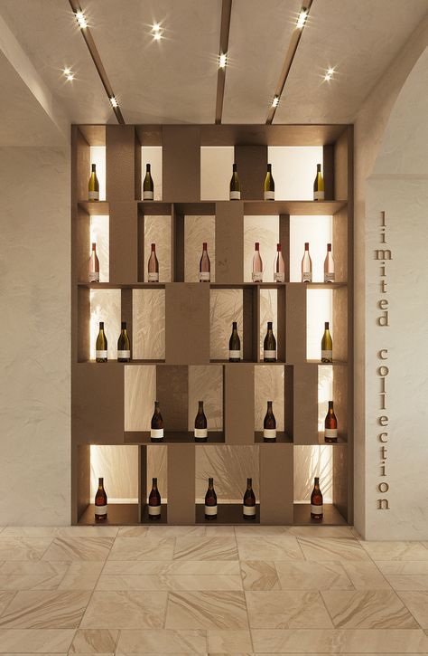 In vino veritas on Behance Wine Cave Design, Wine Display Design, Cantina Vini, Restaurant Shelving, Wine Store Design, Wine Shop Interior, Wine Wall Display, Small Wine Racks, Home Hall Design