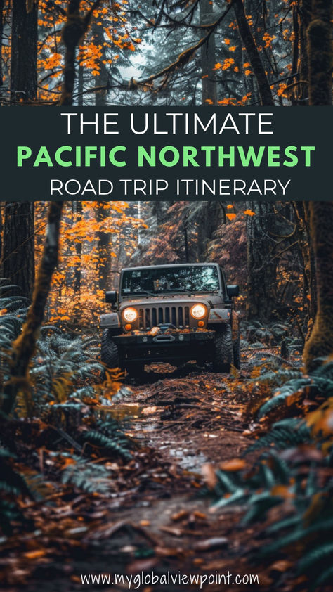 A Jeep driving through a forest with autumn leaves, representing the ultimate Pacific Northwest road trip itinerary. Ideal for planning a Northern California road trip itinerary or a scenic Pacific Highway road trip. Pacific Northwest Roadtrip, Pnw Road Trip Itinerary, Pacific Northwest Road Trip, Northwest Road Trip, Northern California Coast, Oregon Road Trip, Family Road Trips, Trip Itinerary, California Coast