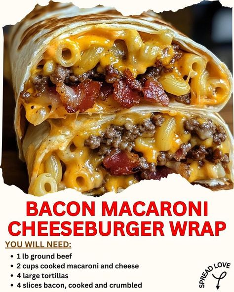 🌟 Bacon Macaroni Cheeseburger Wrap 🌟 🍔 Get ready to indulge in a flavor explosion! This epic wrap combines all your favorites in one delicious bite. Perfect for game days or a cozy night in! Ingredients: 1 lb ground beef 2 cups cooked macaroni and cheese 4 large tortillas 4 slices bacon, cooked and crumbled 1/2 cup shredded cheddar cheese Salt and pepper to taste 1 tablespoon vegetable oil Instructions: Prepare the Patties: Season the ground beef with salt and pepper. Form into 4 patties an... Cheeseburger Wrap, Sweet Appetizers, Cheeseburger Wraps, Bacon Cups, Sweet Appetizer, How To Make Bacon, Beef Bacon, Shredded Cheddar Cheese, Sandwich Shop