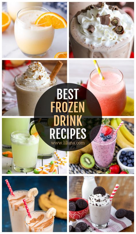 When it's warm outside, there is nothing so refreshing as a cool drink...make it frozen and even better!! These frozen drink recipes are sure to cool you off on even the most sticky of days. #frozendrinks #drinks #drinkrecipes Frozen Drinks Nonalcoholic, Frozen Mixed Drinks, Frozen Strawberry Lemonade Recipe, Frozen Drinks Alcohol, Watermelon Smoothie Recipes, Frozen Strawberry Lemonade, Frozen Drink Recipes, Frozen Drink, Banana Smoothie Recipe