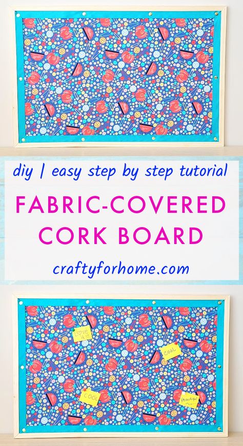 Fabric covered bulletin board with blue ribbon. Cover Cork Board With Fabric, Dollar Tree Cork Board, Decorated Cork Board Ideas, Cork Board Makeover Diy, Diy Bulletin Board Ideas, Corkboard Makeover, Decorate Cork Board, Cute Cork Board, Cork Board Makeover