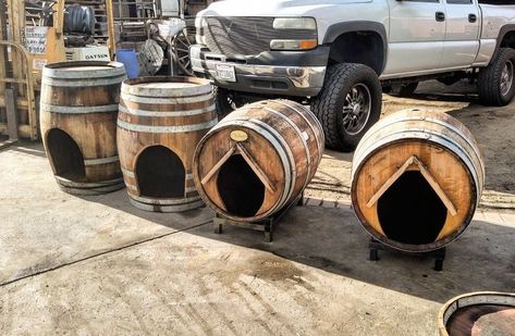 Barrel Dog House, Barrel Dog Bed, Wine Barrel Dog Bed, Under Stairs Dog House, Dog Daycare Business, Wine Barrel Art, Wine Barrel Crafts, Wooden Barrels, Barrel Ideas