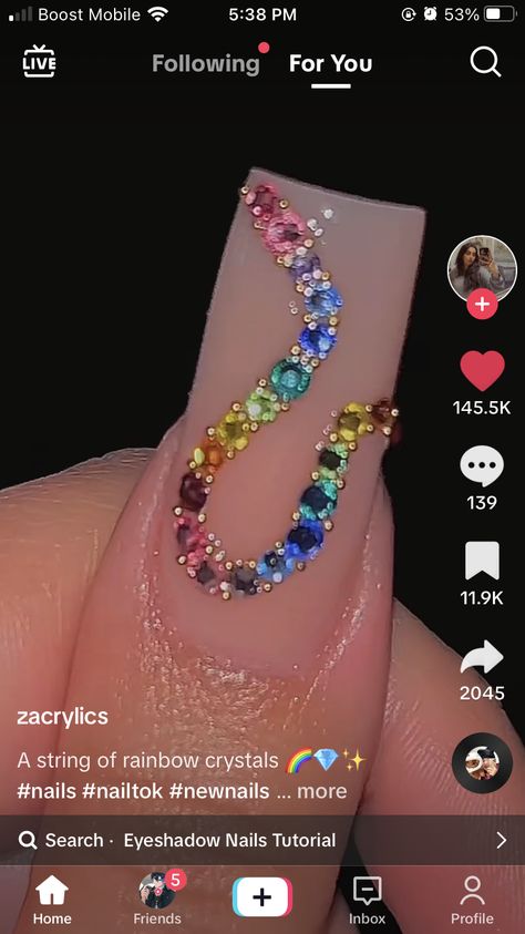 Rainbow Diamond Nails, Rainbow Crystal Nails, Nail Gemstone Designs, Rhinestone Nail Designs Simple, Spring Rhinestone Nails, Rainbow Nails With Rhinestones, Van Cleef Nail Design, Nail Gems Ideas, Nail Designs With Gems Rhinestones