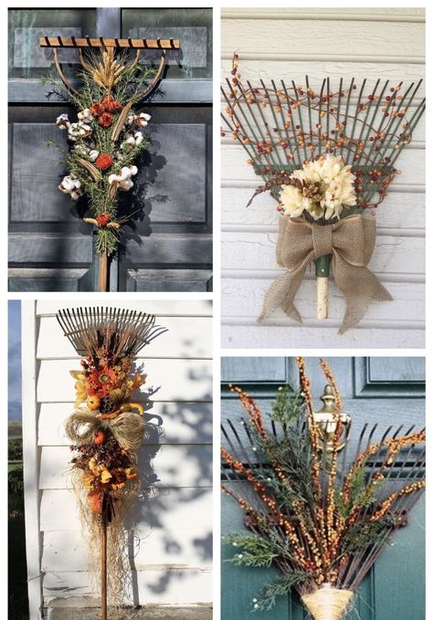 Old Rake Head Ideas, Rake Craft, Rake Wreath, Rake Decor, Old Garden Tools, Harvest Crafts, Rake Head, Fall Yard, Head Wreath