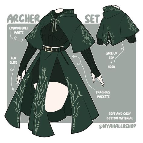 Oc Lore Ideas, Archer Rpg, Archer Dnd, Archer Outfit, Rpg Clothes, Dress Design Drawing, Clothing Design Sketches, Drawing Anime Clothes, Dress Design Sketches