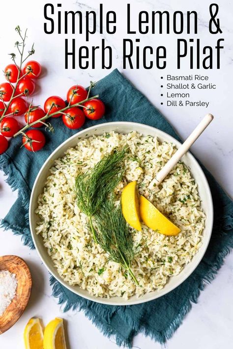 Amazing recipe for Lemon Rice Pilaf that is filled w/ shallots, garlic, lemon, dill and parsley. Turns out perfect every time. Great side dish! Cilantro Rice Chipotle, Lemon Rice Pilaf, Dill Rice, Orzo Risotto, Herb Rice, Greek Marinated Chicken, Mediterranean Foods, Rice Pilaf Recipe, Cilantro Rice