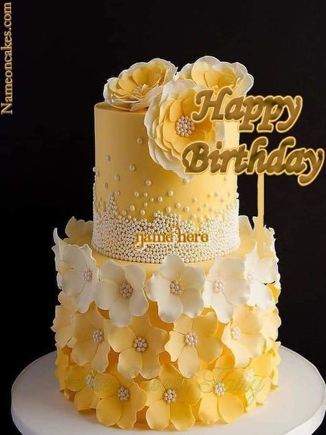 Two Tier Yellow Cake Happy Birthday With Name Yellow Cake Designs Birthday, Happy Birthday Cakes For Women, Happy Birthday With Name, Birthday Cake Write Name, Yellow Wedding Cake, Birthday Cake Writing, Cake Happy Birthday, Happy Birthday Cake Photo, Tiered Cakes Birthday