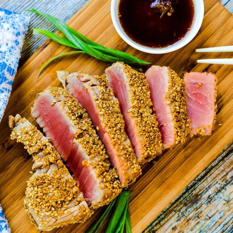 Sesame Seared Ahi Tuna Seared Ahi Tuna Recipe, Ahi Tuna Recipe, Seared Ahi Tuna, Ahi Tuna Steak, Japanese Cucumber, Tuna Recipe, Seared Ahi, Tuna Steaks, Ahi Tuna