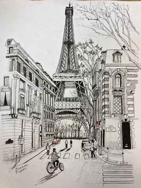 Paris Architecture Drawing, Paris Sketch Pencil, Paris Pencil Drawing, Paris Street Drawing, Paris Drawing Sketches, Drawing Of The Eiffel Tower, Drawing Paris, Paris Sketch, Drawing City