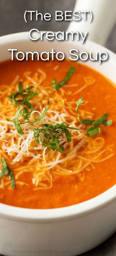 Our go-to creamy tomato soup recipe. Adding parmesan and heavy cream makes it so satisfying and balances the acidity. It’s also a quick and easy 30-minute soup that keeps well in the fridge. We love this Tomato Basil Soup paired with grilled cheese sandwiches. Best Homemade Tomato Soup, Simple Tomato Soup, Creamy Tomato Soup Recipe, Easy Tomato Soup Recipe, Homemade Tomato Soup Recipe, Best Tomato Soup, Tomato Basil Soup Recipe, Homemade Tomato Soup, Creamy Tomato Basil Soup