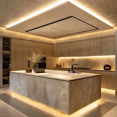 Luxury Cream Kitchen, Modern Spacious Kitchen, Ultra Modern Kitchen Design Luxury, Minimalist Island Kitchen, Luxury Beige Kitchen, Modern Lux Kitchen, Modern Kitchen Beige, Beige Marble Kitchen, Luxury Kitchen Design Modern Islands