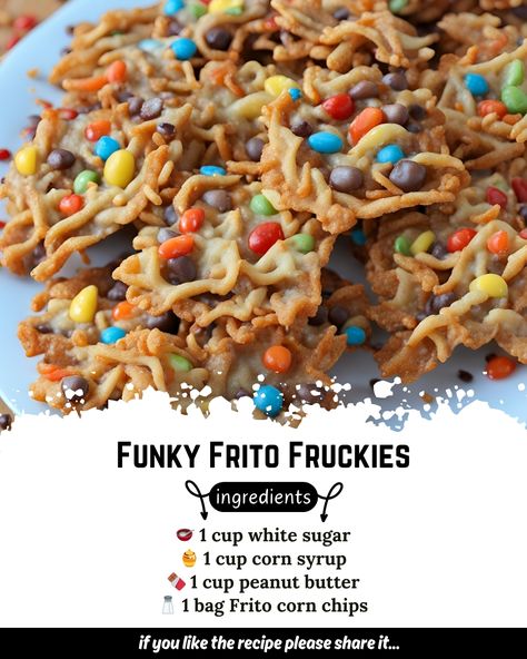 Funky Frito Fruckies 🍫🍯 Ingredients: - 🥣 1 cup white sugar - 🍯 1 cup corn syrup - 🍫 1 cup peanut butter - 🧂 1 bag Frito corn chips Directions: 1. **Prepare Syrup:** In a saucepan over medium heat, combine sugar and corn syrup. Bring to a boil, stirring frequently. Remove from heat and stir in peanut butter until smooth. 2. **Arrange Chips:** Spread Frito chips out in a greased 10x15 inch pan. 3. **Combine:** Pour peanut butter mixture over the chips and spread evenly. 4. **Cool and Serve:... Frito Fruckies, Frito Bars Recipe, Frito Corn Salad, Side Salad Recipes, Chex Mix Recipes, Delicious Sweets, Mix Recipes, Chex Mix, Corn Chips