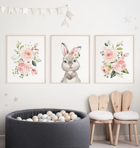 Preparing your nursery for the new arrival? Updating your toddler’s bedroom? Here’s how to choose wall art for your child’s room. #nursery #nurserywallart #nurseryprints #nurseryartprints #wallart #nurserydecor Pink Flower Nursery, Girls Nursery Floral, Forest Animal Nursery, Flowers Nursery, Cute Bunny Rabbit, Bunny Pink, Nursery Wall Art Girl, Bunny Nursery, Nursery Wall Art Boy