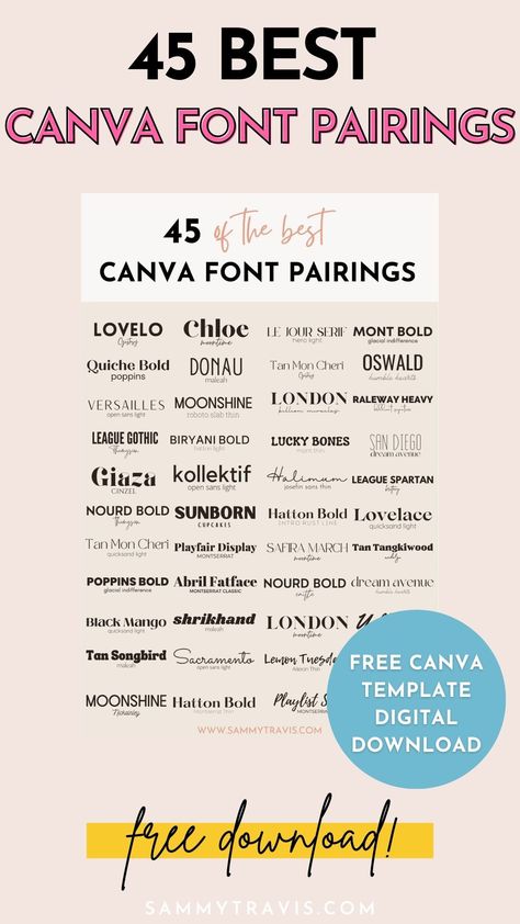 Where do you find the best font pairings in Canva? Read this for the best free fonts on Canva and the best Canva font combinations! Check out these best Canva font pairings! Use this list of the 45 best FREE Canva font pairings. These are the best 45 font pairings on Canva and the best Canva fonts. Download this free Canva template of the best free Canva combinations. Save this post to remember all of the best free fonts on Canva and the best Canva font pairings with free fonts. Best Font Pairings, Best Canva Font Pairings, Canva Font Combinations, Lato Font, Best Fonts For Logos, Romantic Script Fonts, Best Sans Serif Fonts, Best Serif Fonts, Font Love