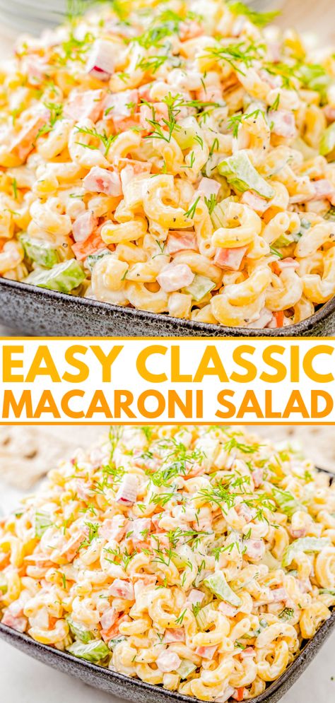 Classic Macaroni Salad - This fast and easy pasta salad recipe with tender elbow macaroni, bell peppers, carrots, celery, ham, and a super creamy dressing is a family FAVORITE! You can make it up to a day in advance if you want to get ahead and serve it at your next casual get together, backyard barbecue, picnic, potluck, or weeknight family dinner! Everyone always wants seconds! Carrot And Celery Recipes, Elbow Macaroni Recipes, Macaroni Salad With Ham, Macaroni Pasta Salad, Picnic Potluck, Easy Macaroni Salad, Classic Macaroni Salad, Classic Pasta Salad, Pasta Salad Ingredients